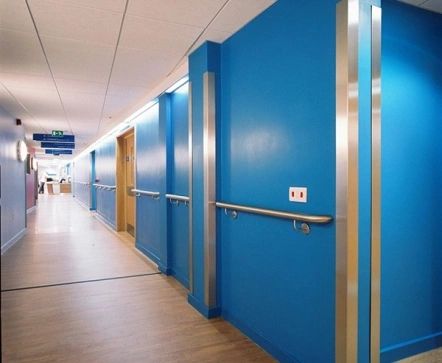 Institutional hallway with blue walls